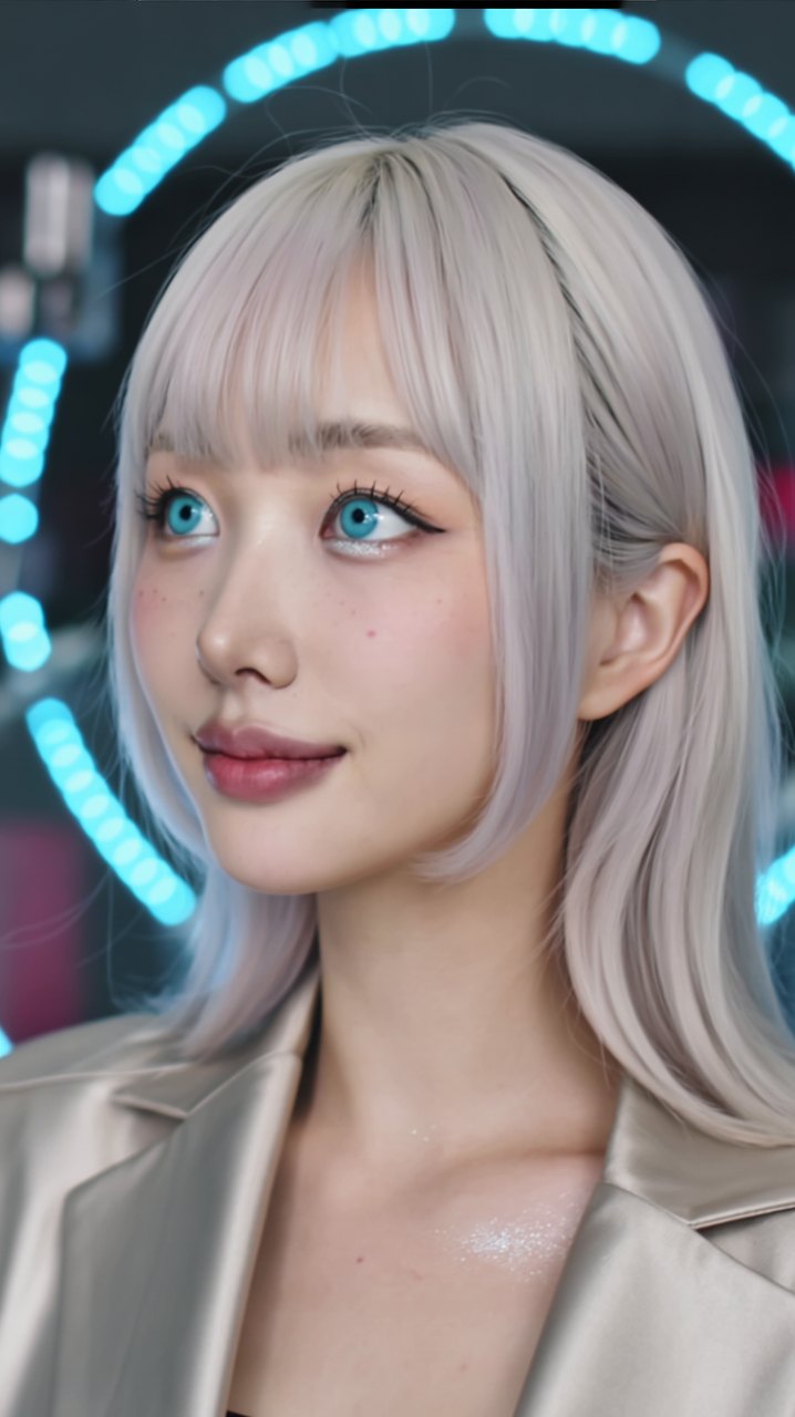 Aiwee — android singer with silver hair and cyan eyes in front of a cyan neon halo